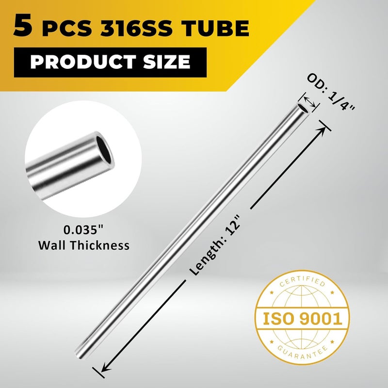 VALVENTO 1/4" OD 316 Stainless Steel Tube 12 inch Length Round Straight Steel Pipe Metal Tubing Industrial Metal Tube (5 Pcs) - Image 2